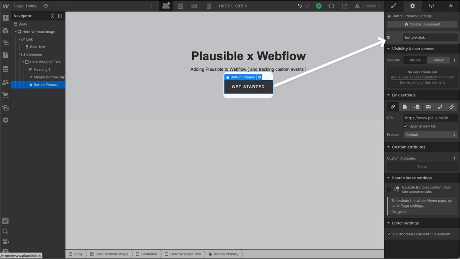 Add an ID to link and button elements in Webflow