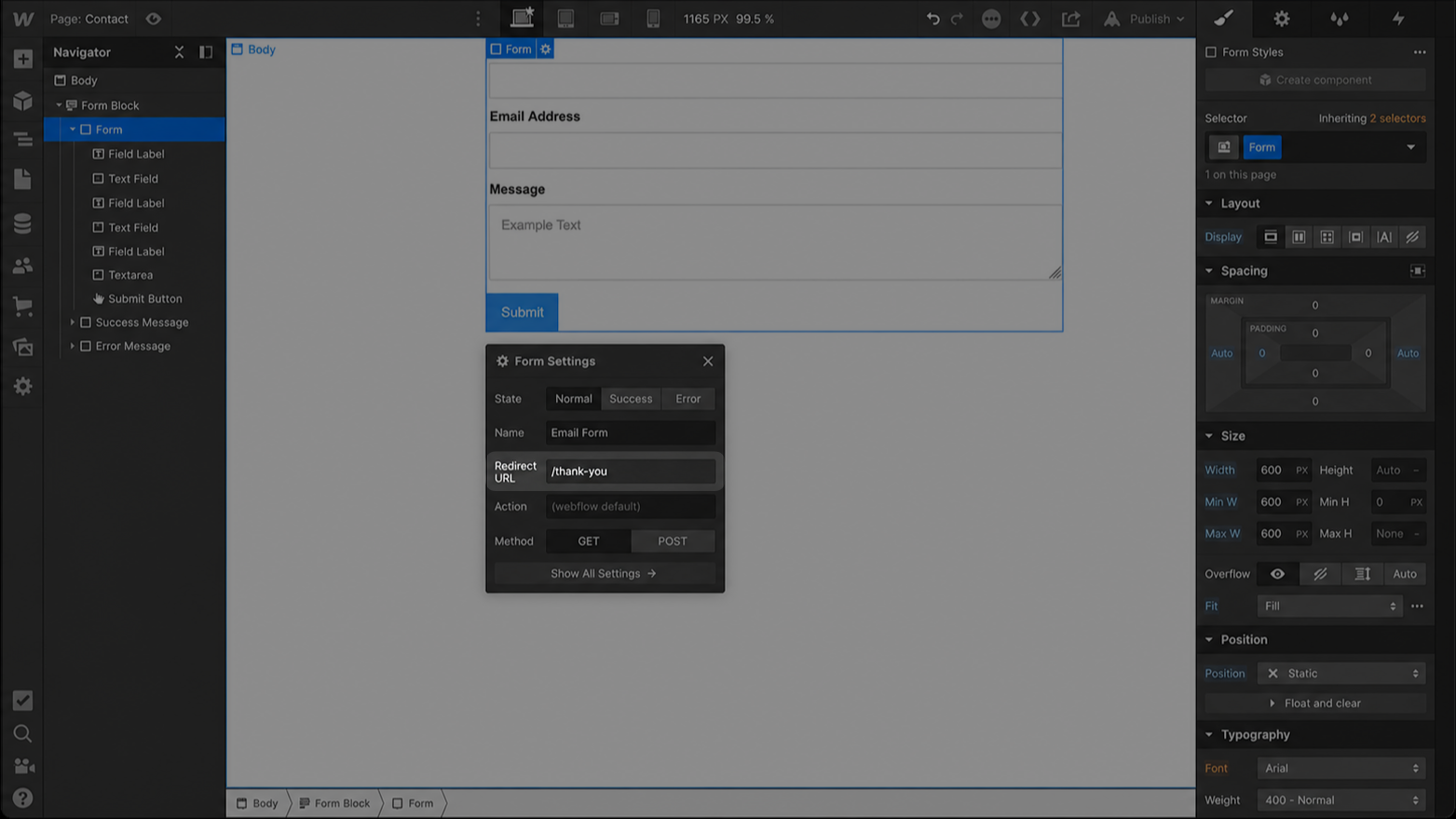 Add redirect URL to your form in Webflow