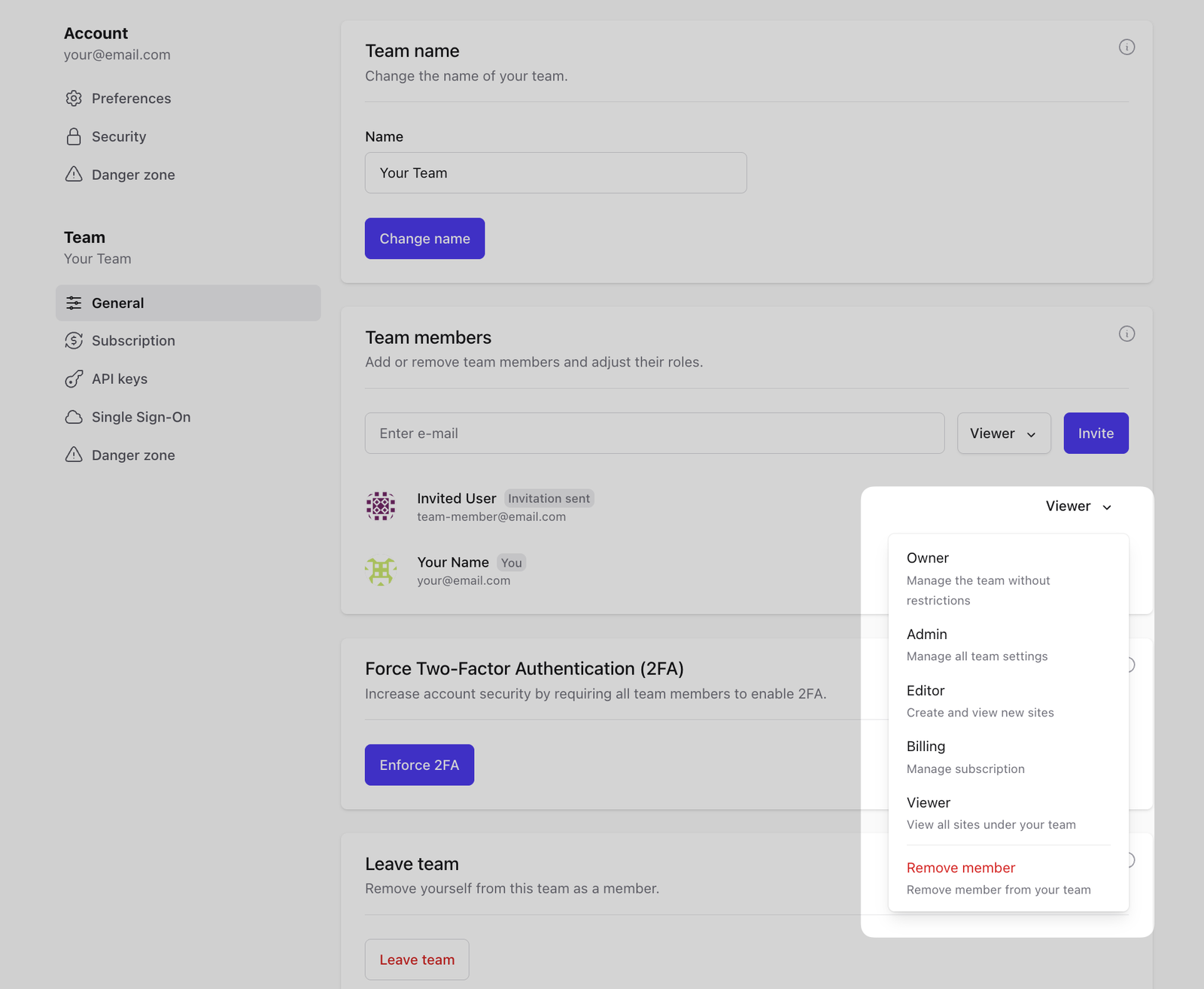 Change roles, delete team member