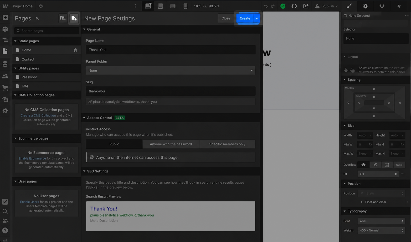 Create the form submission thank you page in Webflow