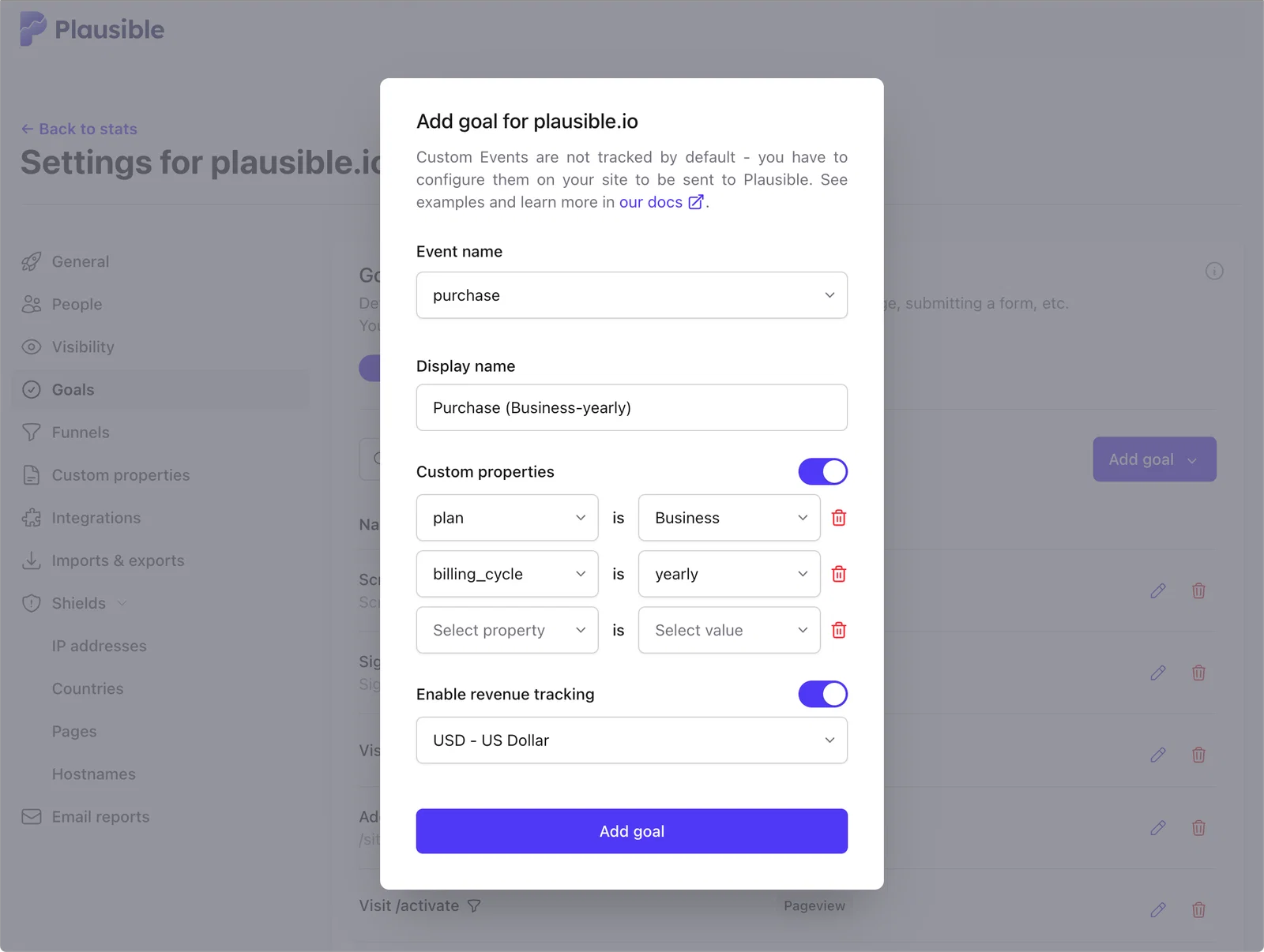 Add your custom event goal