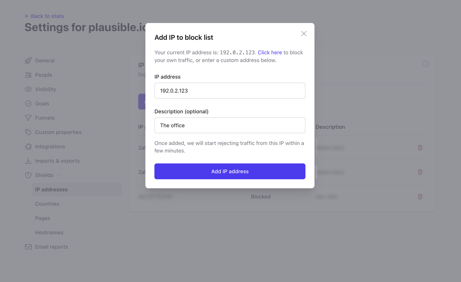 Shields add IP to blocklist