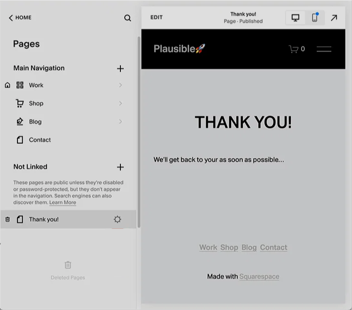 Squarespace form submission thank you page path