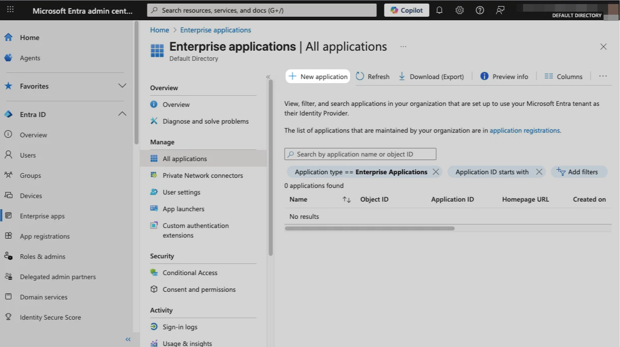 MS Entra new application button