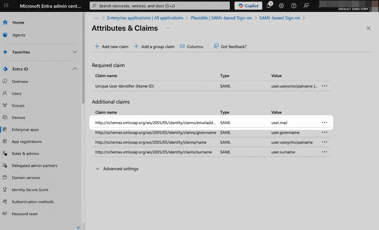 MS Entra email claim click