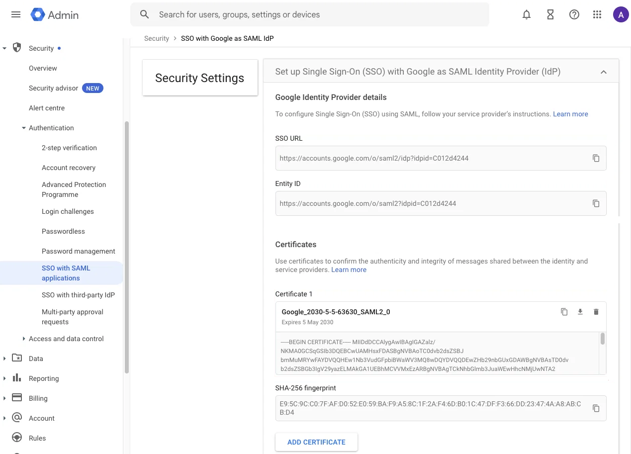 Google Workspace IdP config