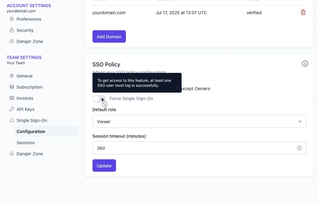 SSO policy with force SSO disabled and a tooltip