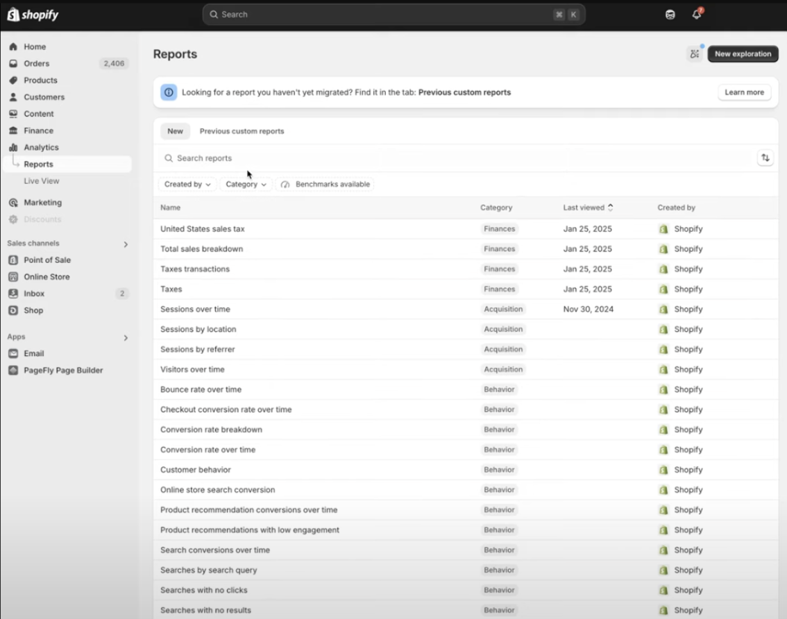 Shopify Analytics reports library showing categories including Finances, Acquisition and Behavior